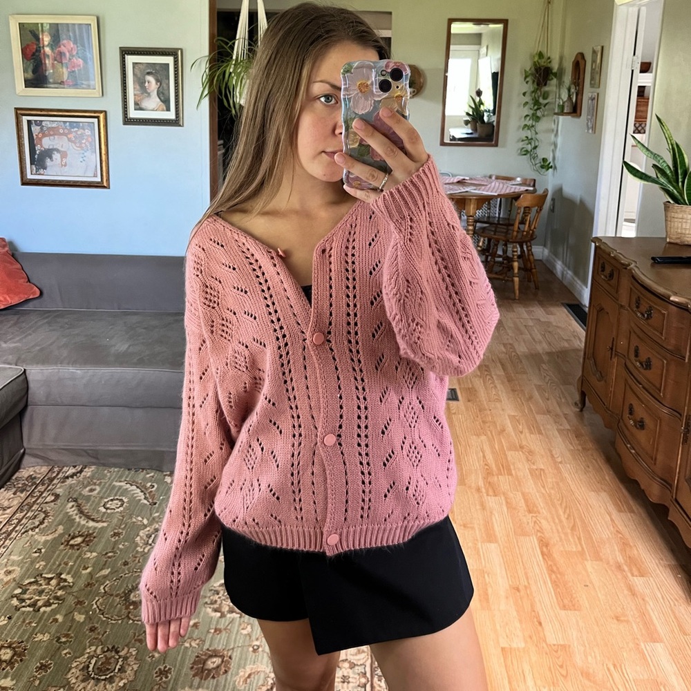 Pink Open-Knit Button Cardigan Sweater - Women